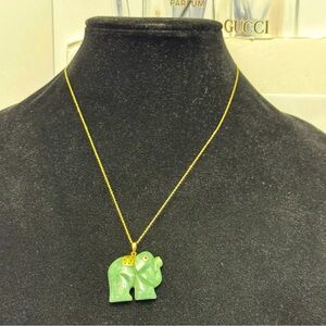 Real 14k Italian Gold Necklace with Curved Green Jade Elephant Pendant